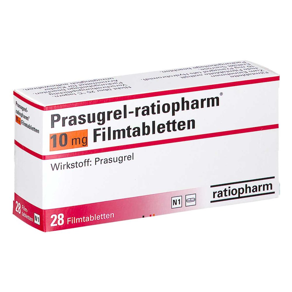 Das Produktfoto zeigt Prasugrel-Ratiopharm 10 Mg Filmtabletten (28 stk) PZN 14058109