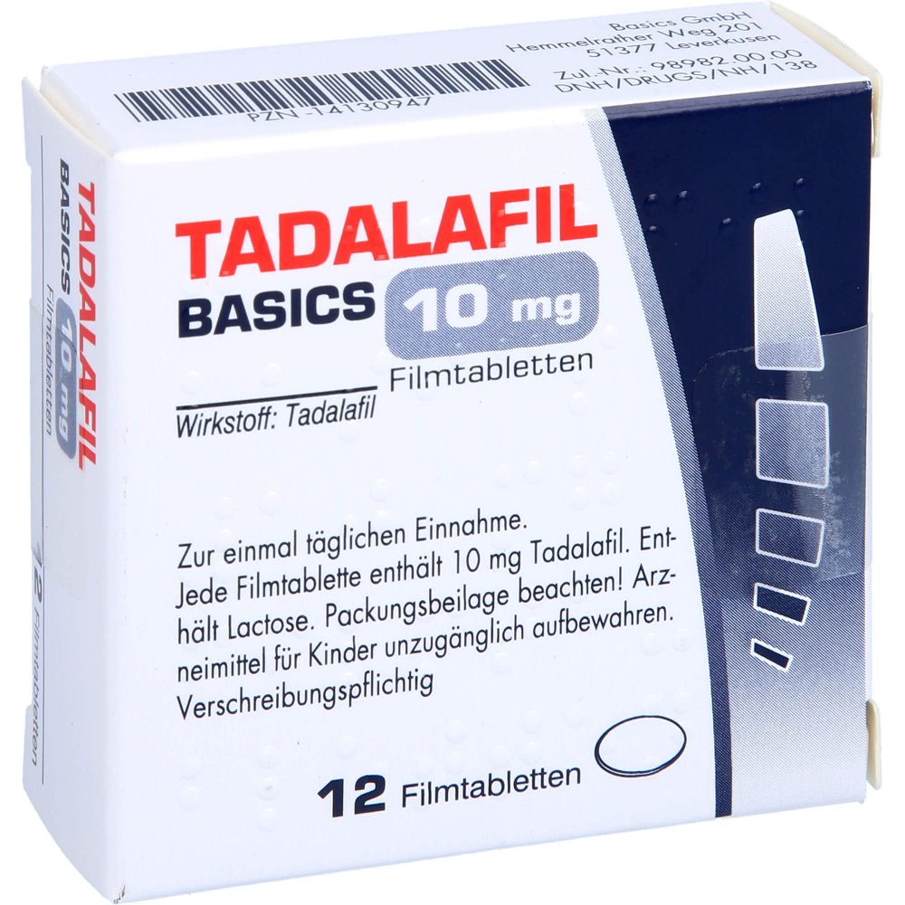 Das Produktfoto zeigt Tadalafil Basics 10 Mg Filmtabletten (12 stk) PZN 14130947
