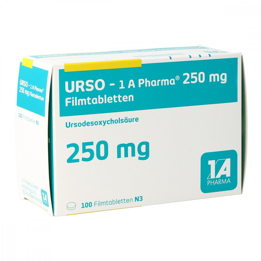 Das Produktfoto zeigt Urso-1a Pharma 250 Mg Filmtabletten (100 stk) PZN 14162427