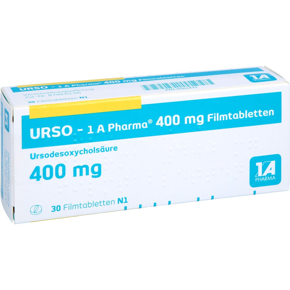 Das Produktfoto zeigt Urso-1a Pharma 400 Mg Filmtabletten (30 stk) PZN 14162433
