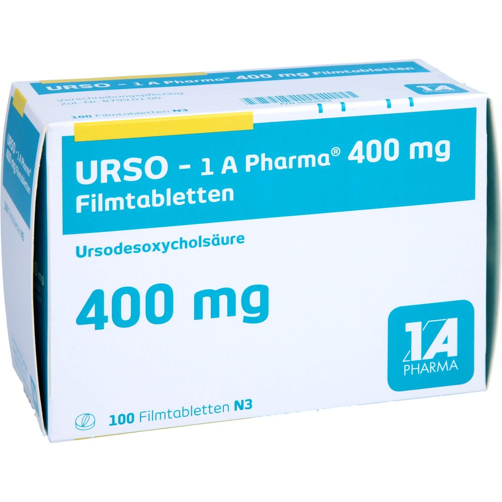 Das Produktfoto zeigt Urso-1a Pharma 400 Mg Filmtabletten (100 stk) PZN 14162462