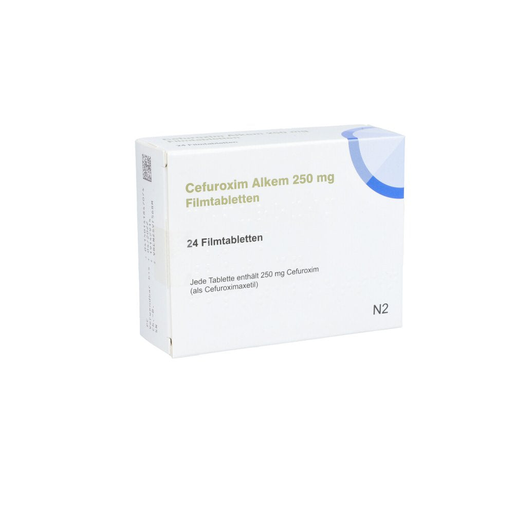 Das Produktfoto zeigt Cefuroxim Alkem 250 Mg Filmtabletten (24 stk) PZN 14184707