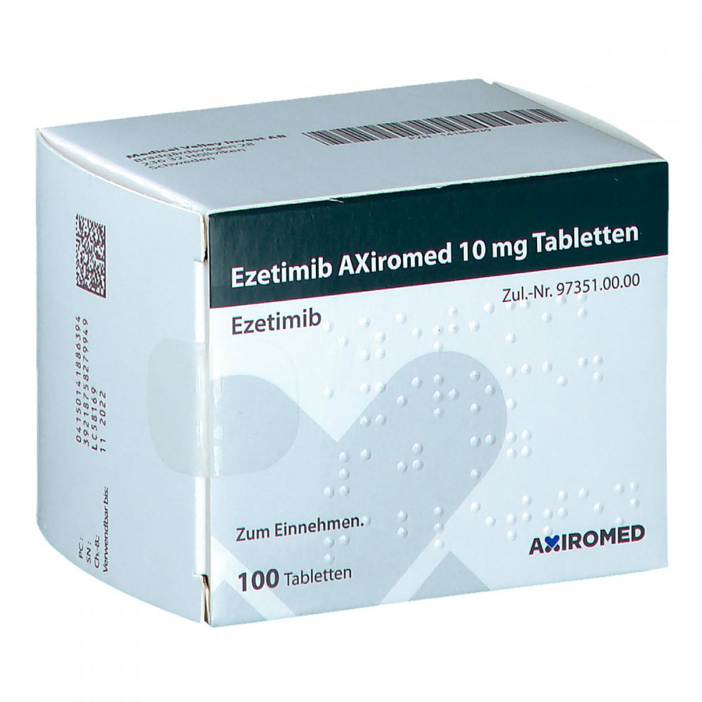 Das Produktfoto zeigt Ezetimib Axiromed 10 Mg Tabletten (100 stk) PZN 14188639