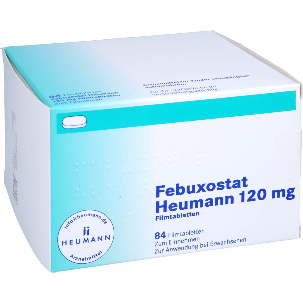 Das Produktfoto zeigt Febuxostat Heumann 120 Mg Filmtabletten (84 stk) PZN 14215069