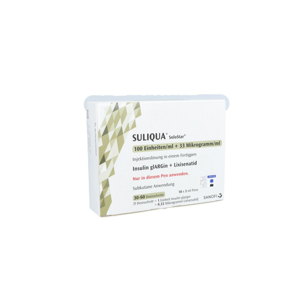 Das Produktfoto zeigt Suliqua 100 E/Ml + 33 Μg/Ml Solostar Inj.-Lsg. (10X3 ml) PZN 14239992