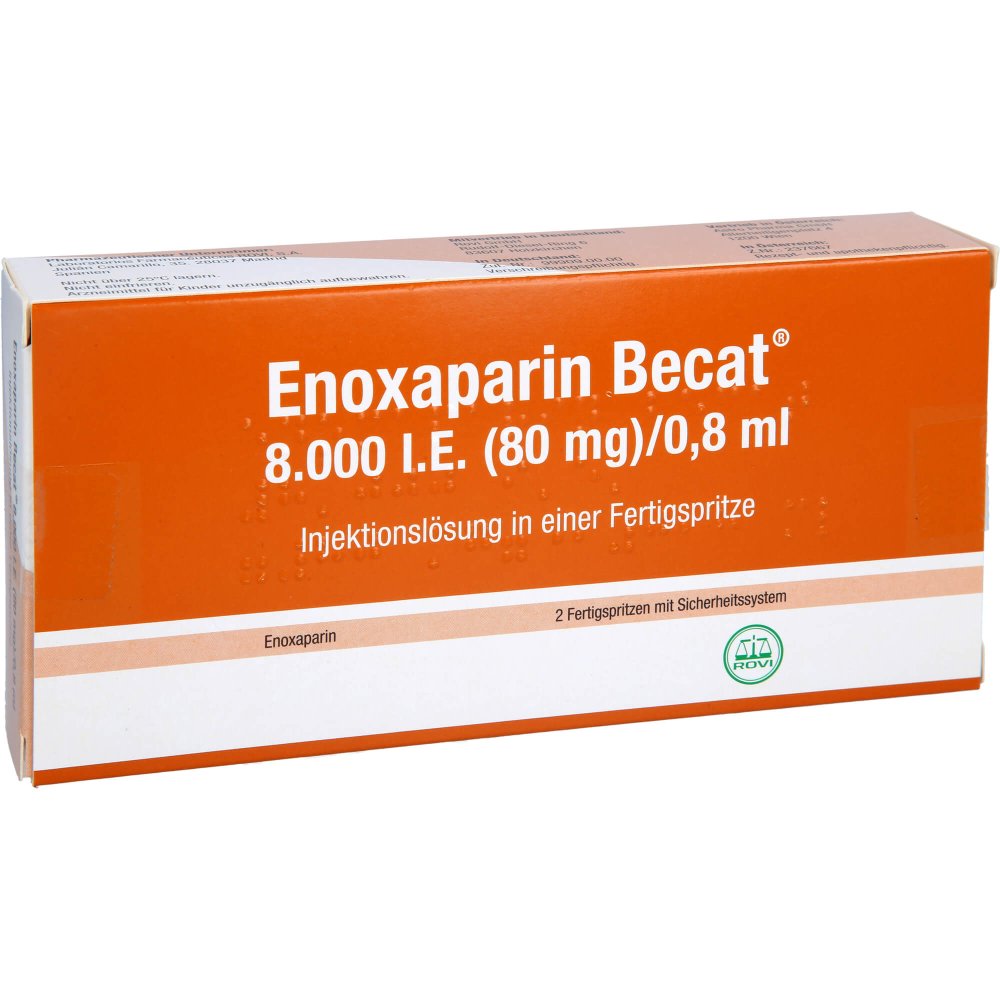 Das Produktfoto zeigt Enoxaparin Becat 8.000 I.E. 80mg/0,8ml Ilo Fs+Si.S (2 stk) PZN 14243812