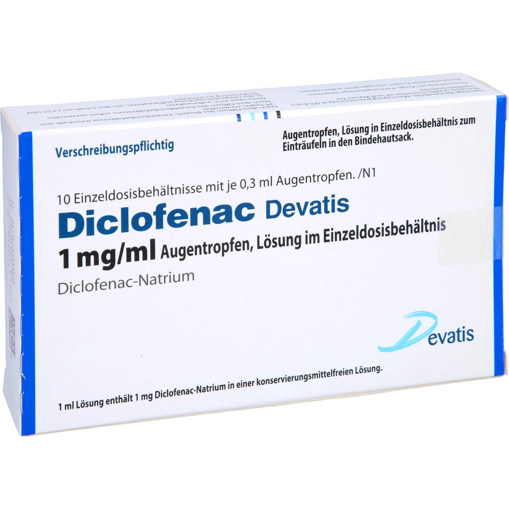 Das Produktfoto zeigt Diclofenac Devatis 1 Mg/Ml Augentropfen Einzeldos. (10X0.3 ml) PZN 14251361
