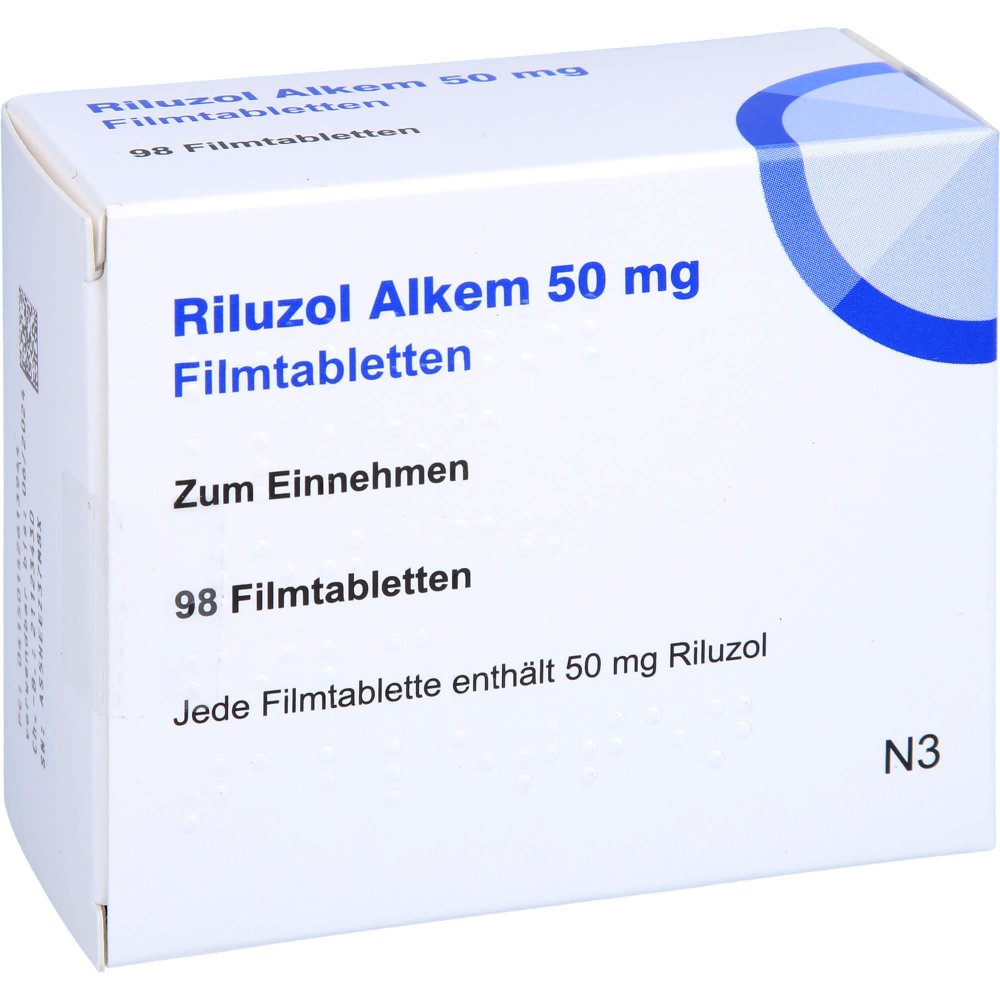 Das Produktfoto zeigt Riluzol Alkem 50 Mg Filmtabletten (98 stk) PZN 14261394