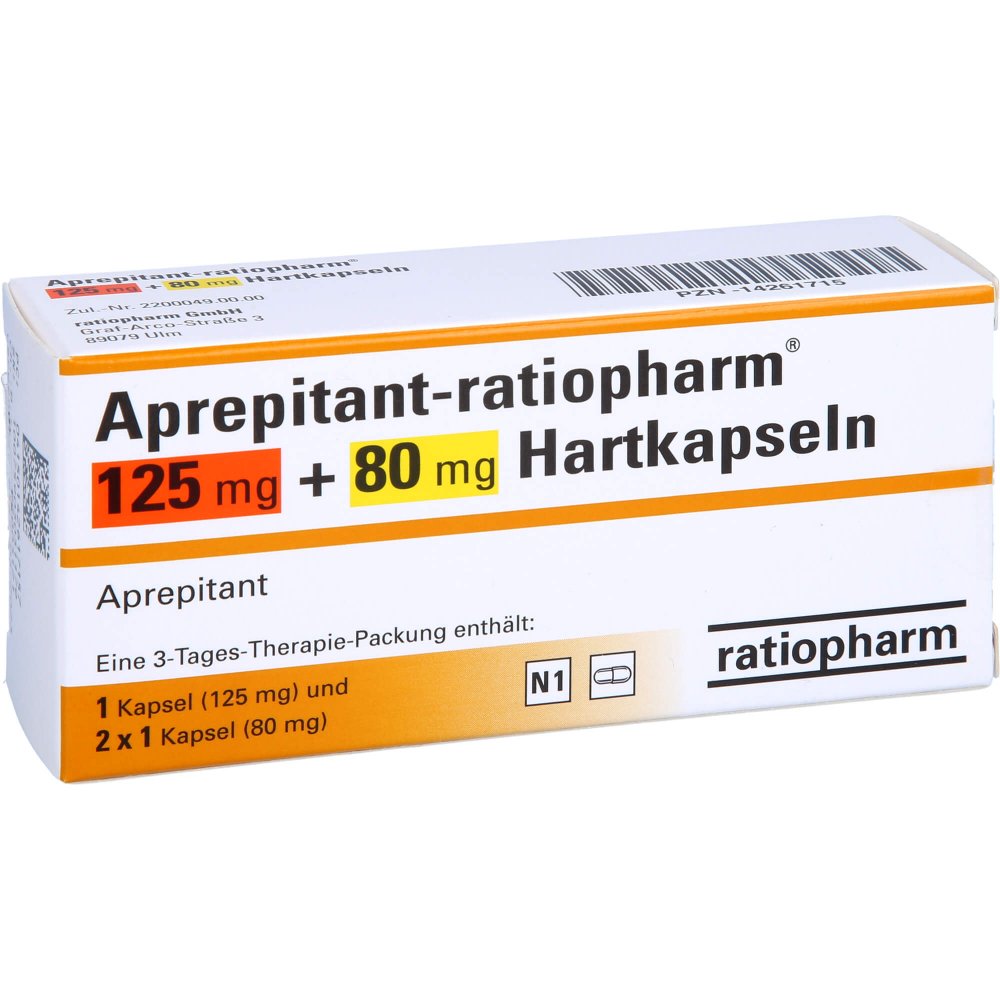 Das Produktfoto zeigt Aprepitant-Ratiopharm 125 Mg/80 Mg Hartkapseln (3 stk) PZN 14261715