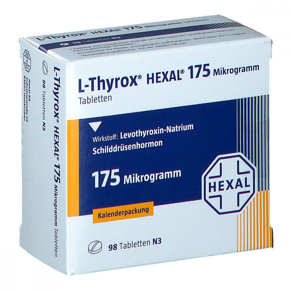 Das Produktfoto zeigt L-Thyrox Hexal 175 Mikrogramm Tabl.I.Kalenderpack. (98 stk) PZN 14295217