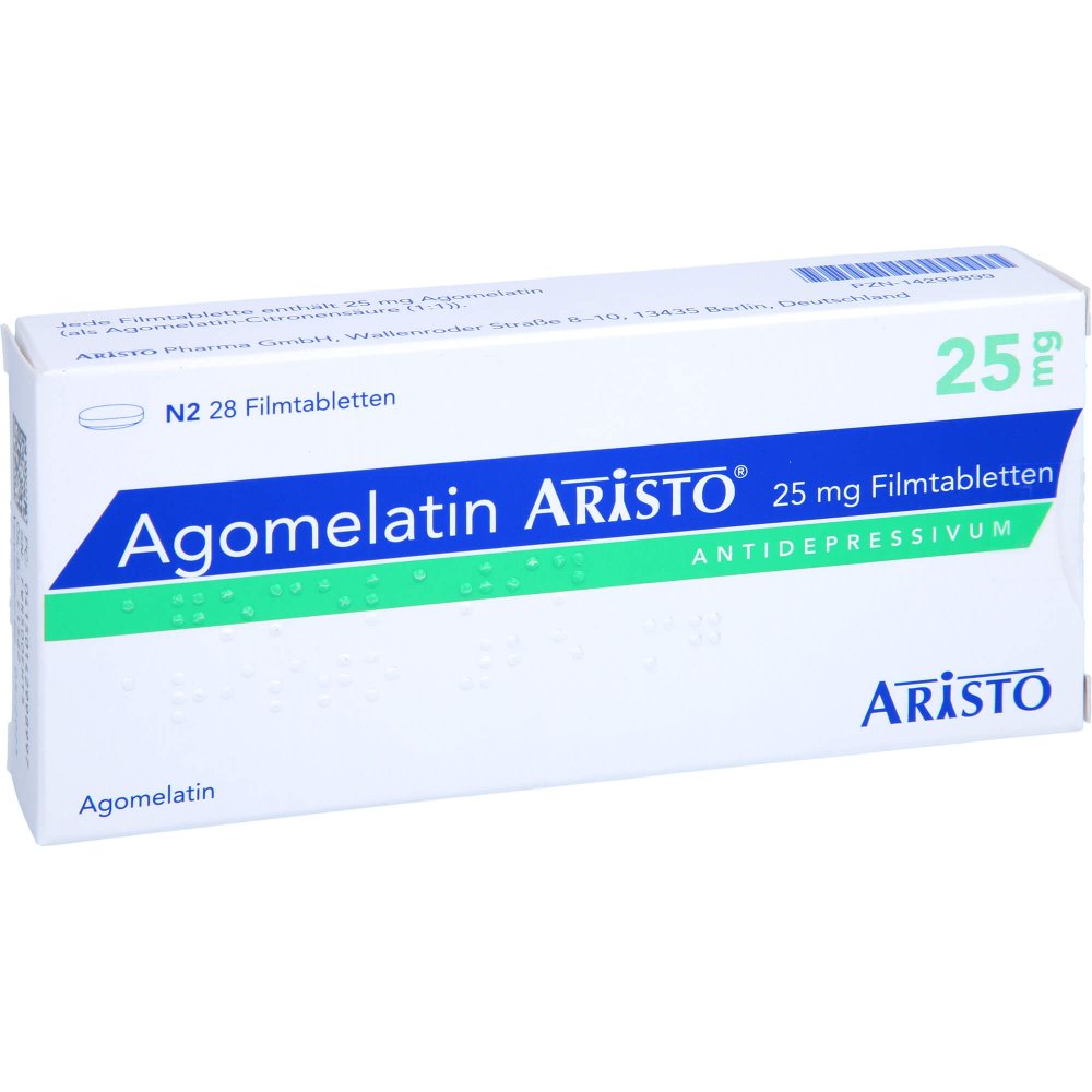 Das Produktfoto zeigt Agomelatin Aristo 25 Mg Filmtabletten (28 stk) PZN 14299899