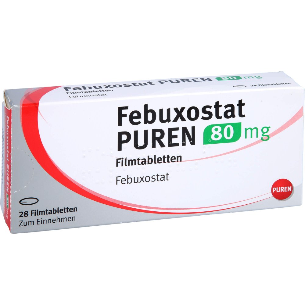 Das Produktfoto zeigt Febuxostat Puren 80 Mg Filmtabletten (28 stk) PZN 14304577