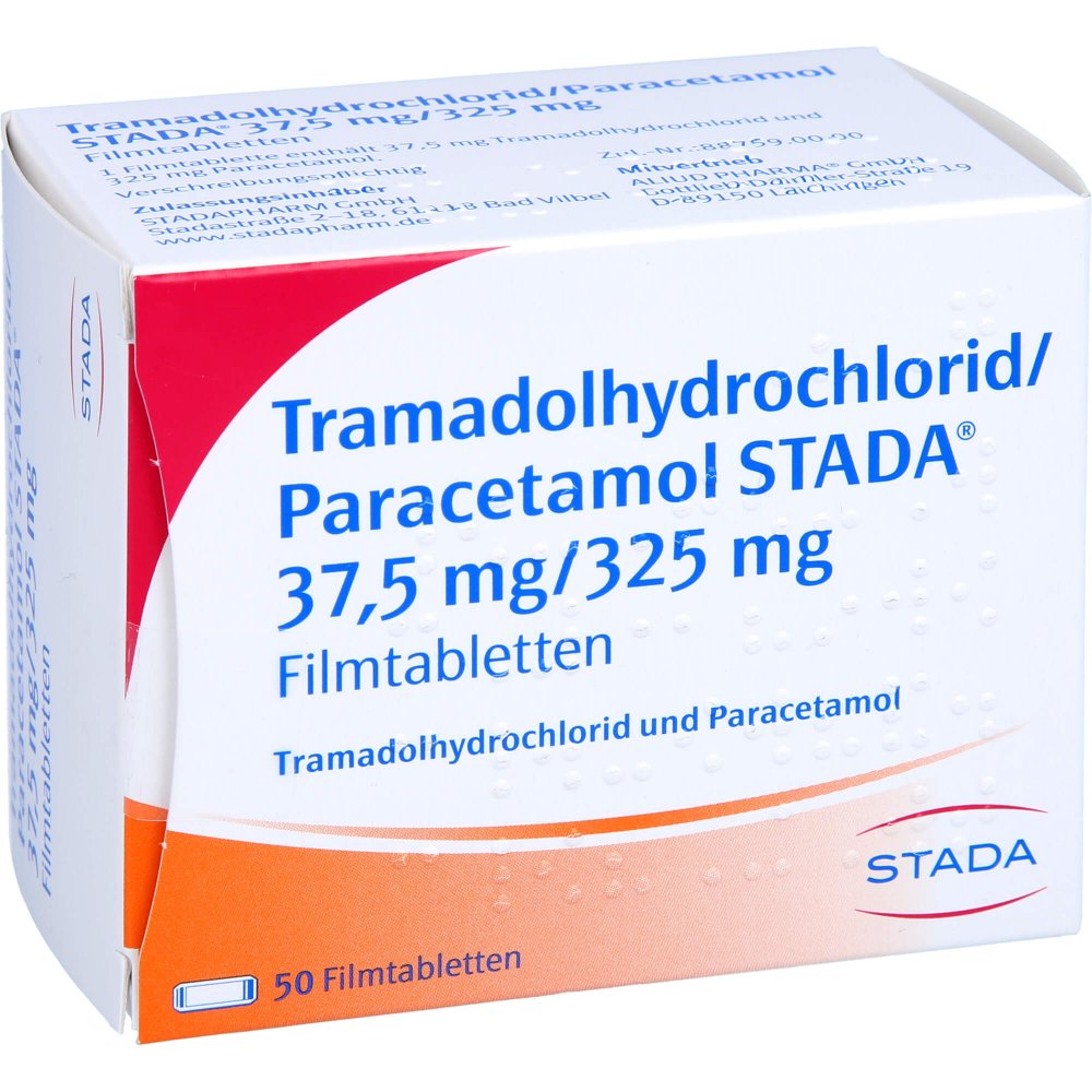Das Produktfoto zeigt Tramadolhydr./Paracetamol Stada 37,5mg/325mg Fta (50 stk) PZN 14307788