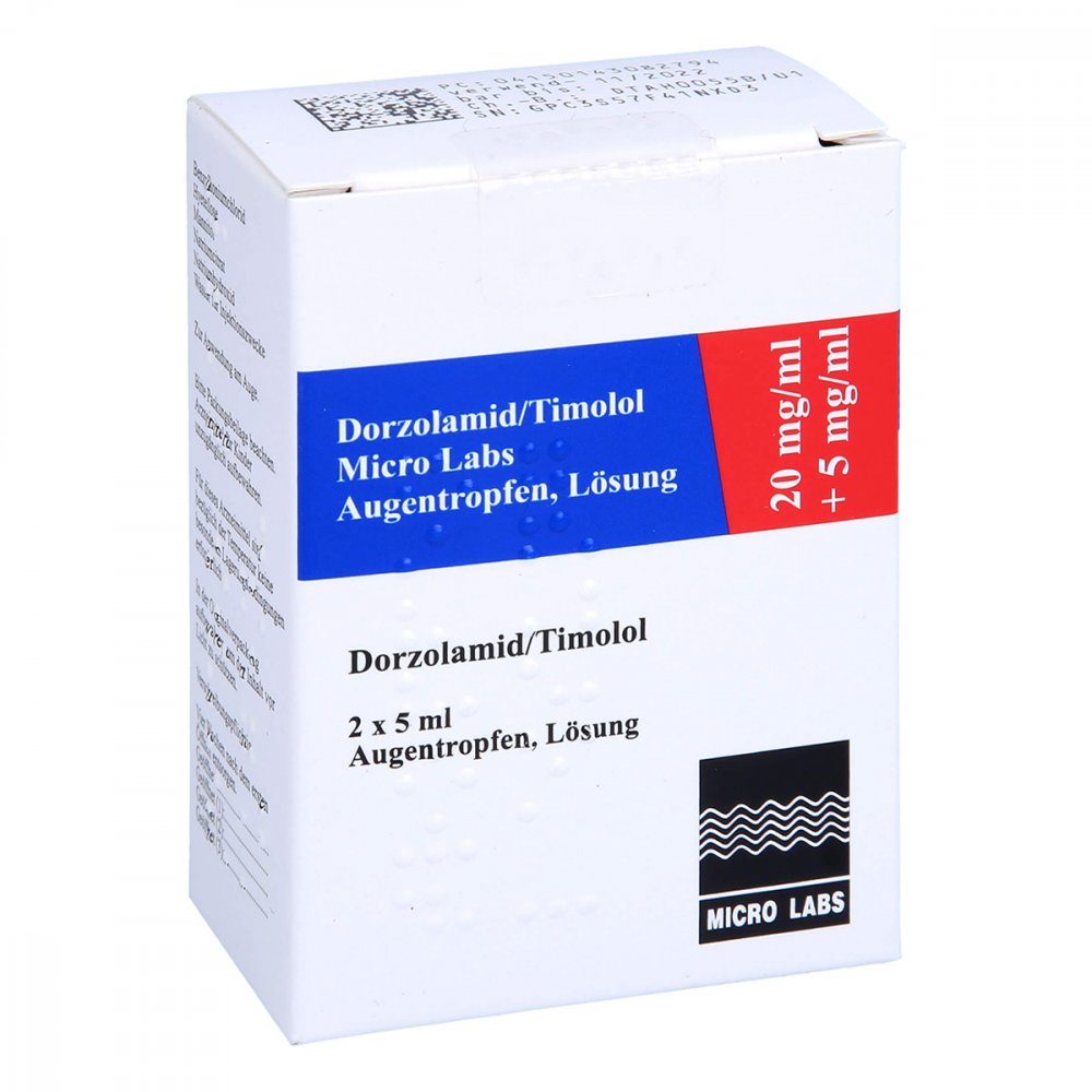 Das Produktfoto zeigt Dorzolamid/Timolol Micro Labs 20 Mg/Ml+5 Mg/Ml Atr (2X5 ml) PZN 14308279
