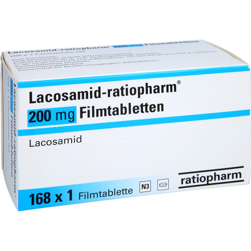 Das Produktfoto zeigt Lacosamid-Ratiopharm 200 Mg Filmtabletten (168 stk) PZN 14308753