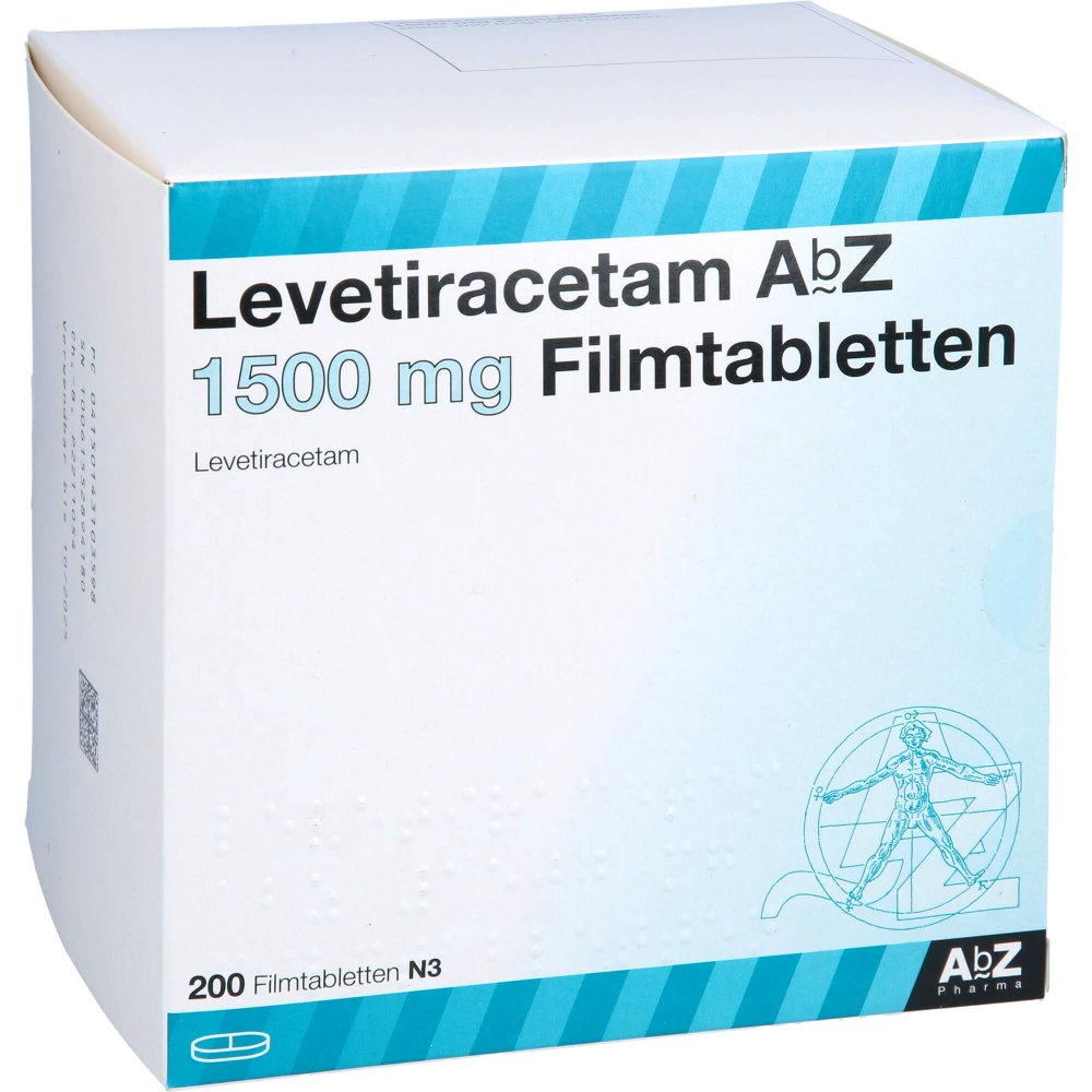 Das Produktfoto zeigt Levetiracetam Abz 1500 Mg Filmtabletten (200 stk) PZN 14310359