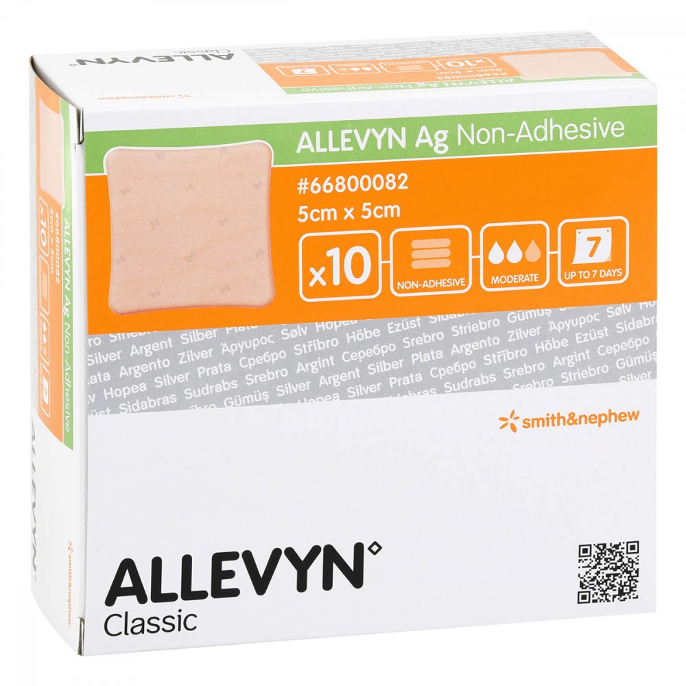 Das Produktfoto zeigt Allevyn Ag Non Adhesive 5x5 Cm Wundverband (10 stk) PZN 14329927