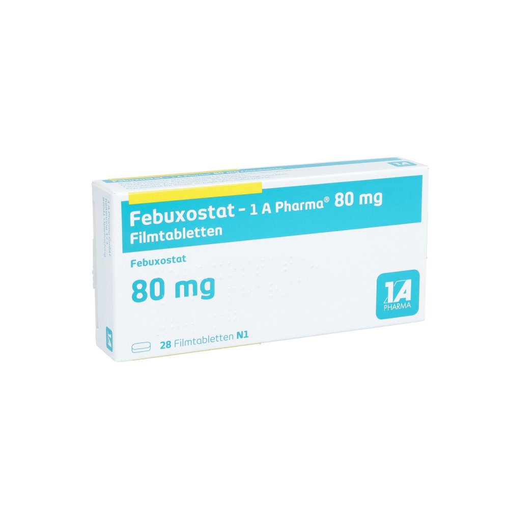 Das Produktfoto zeigt Febuxostat-1a Pharma 80 Mg Filmtabletten (28 stk) PZN 14336985