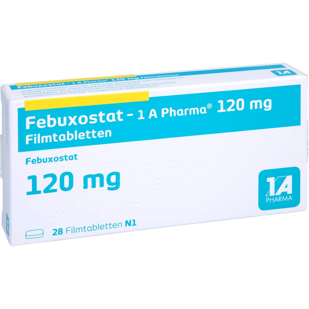 Das Produktfoto zeigt Febuxostat-1a Pharma 120 Mg Filmtabletten (28 stk) PZN 14337016