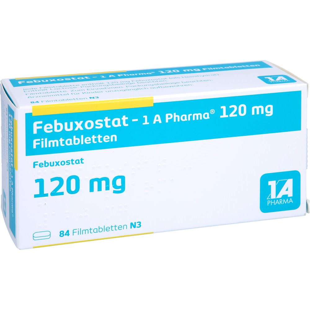 Das Produktfoto zeigt Febuxostat-1a Pharma 120 Mg Filmtabletten (84 stk) PZN 14337022
