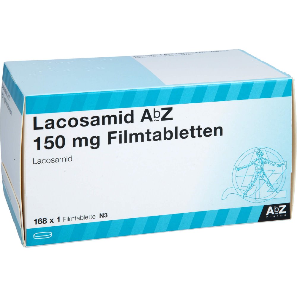 Das Produktfoto zeigt Lacosamid Abz 150 Mg Filmtabletten (168 stk) PZN 14352406