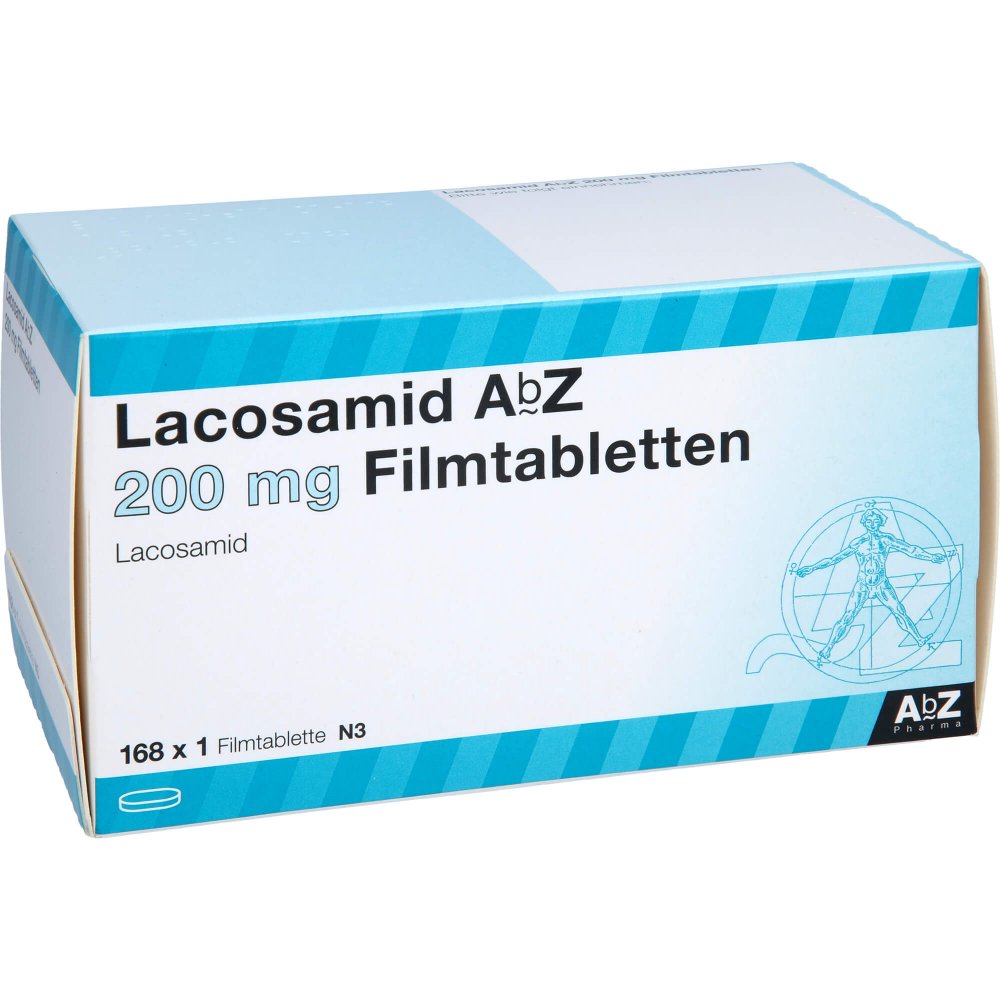 Das Produktfoto zeigt Lacosamid Abz 200 Mg Filmtabletten (168 stk) PZN 14352429