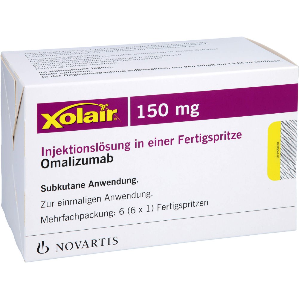 Das Produktfoto zeigt Xolair 150 Mg Injektionslösung I.E.Fertigspritze (6 stk) PZN 14356580