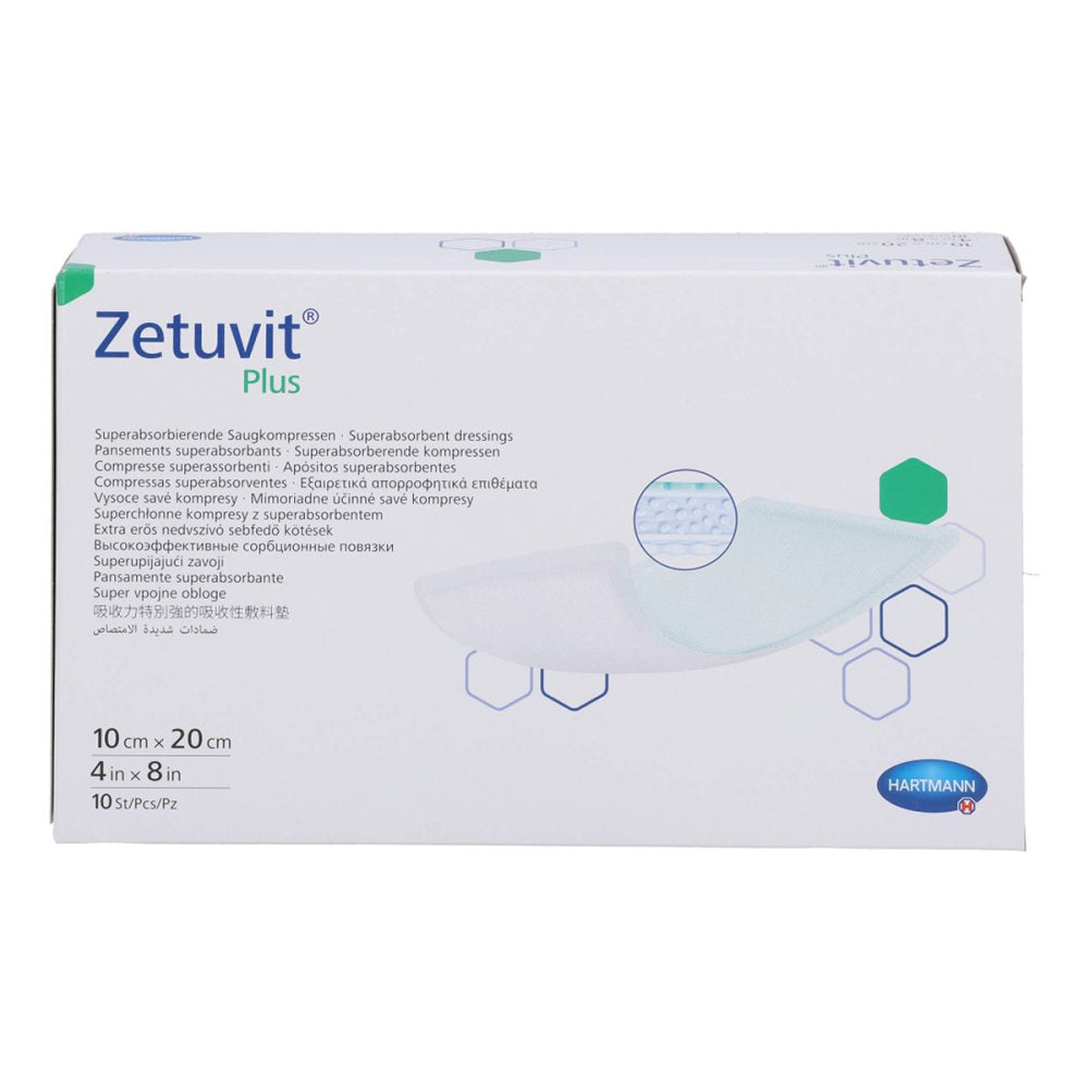 Das Produktfoto zeigt Zetuvit Plus Extrastarke Saugkompr.Steril 10x20 Cm (10 stk) PZN 14374721