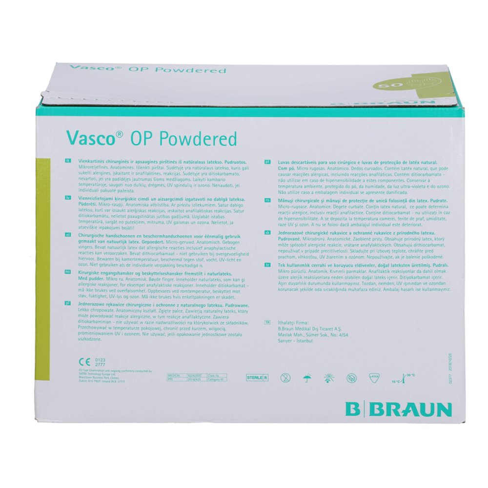 Das Produktfoto zeigt Vasco Op Powdered Handsch.Latex Gr.6,5 Naturweiß (2X50 stk) PZN 14382695
