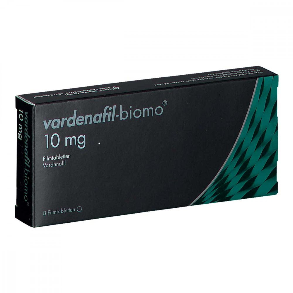 Das Produktfoto zeigt Vardenafil-Biomo 10 Mg Filmtabletten (8 stk) PZN 14413160