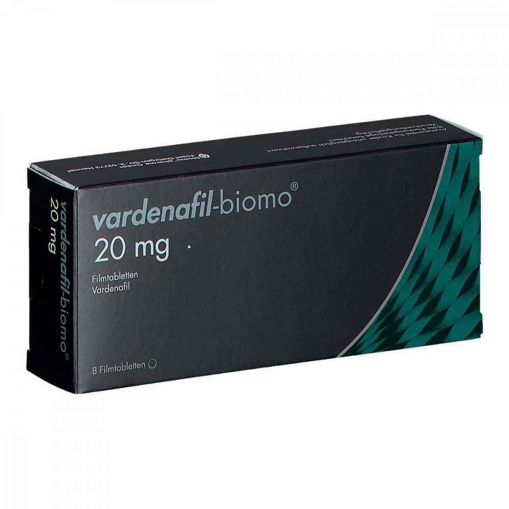 Das Produktfoto zeigt Vardenafil-Biomo 20 Mg Filmtabletten (8 stk) PZN 14413266