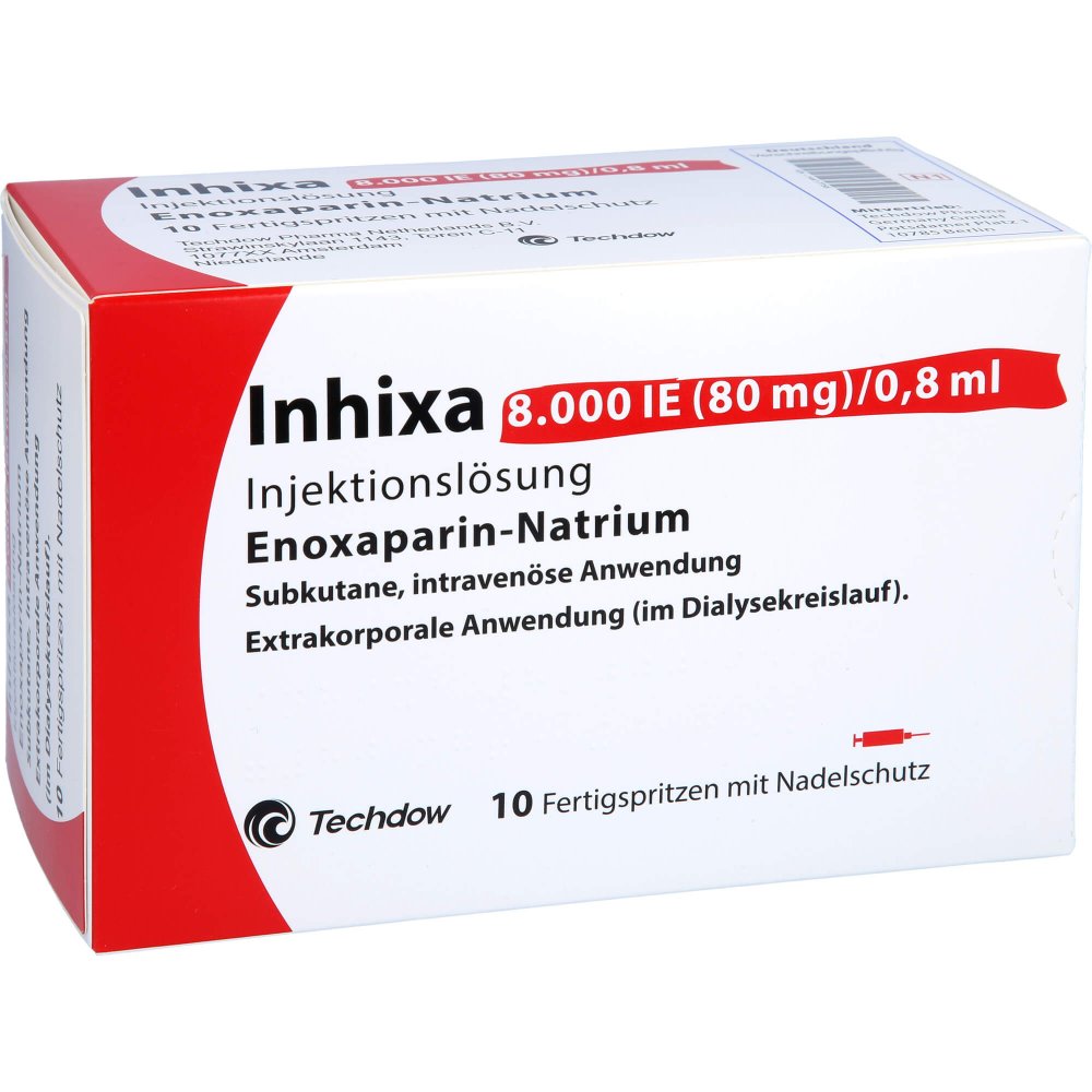 Das Produktfoto zeigt Inhixa 8.000 I.E. 80 Mg/0,8 Ml Ilo F.Sp.+Sich-Sys. (10 stk) PZN 14417755
