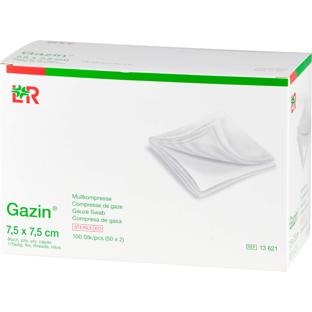 Das Produktfoto zeigt Gazin Mullkomp.7,5x7,5 Cm Steril 8fach (50X2 stk) PZN 14444284