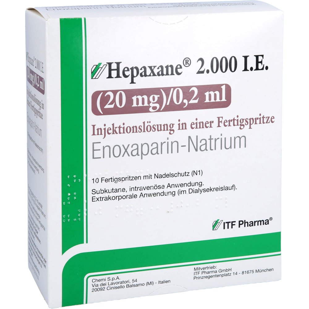 Das Produktfoto zeigt Hepaxane 2.000 I.E. 20 Mg/0,2 Ml Inj.-Lsg.I.E.Fs (10 stk) PZN 14446188