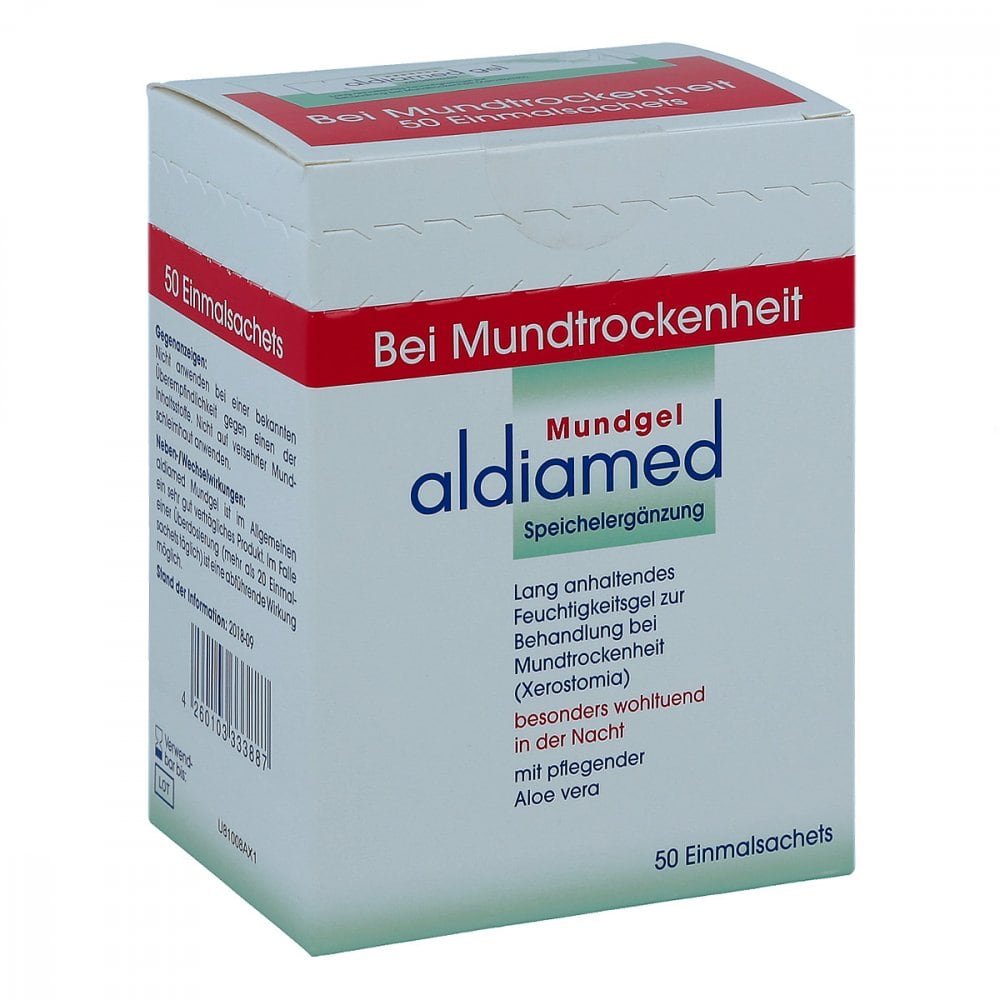 Das Produktfoto zeigt Aldiamed Mundgel Z.Speichelergänzung Einmalsachets (50X2 ml) PZN 14853752