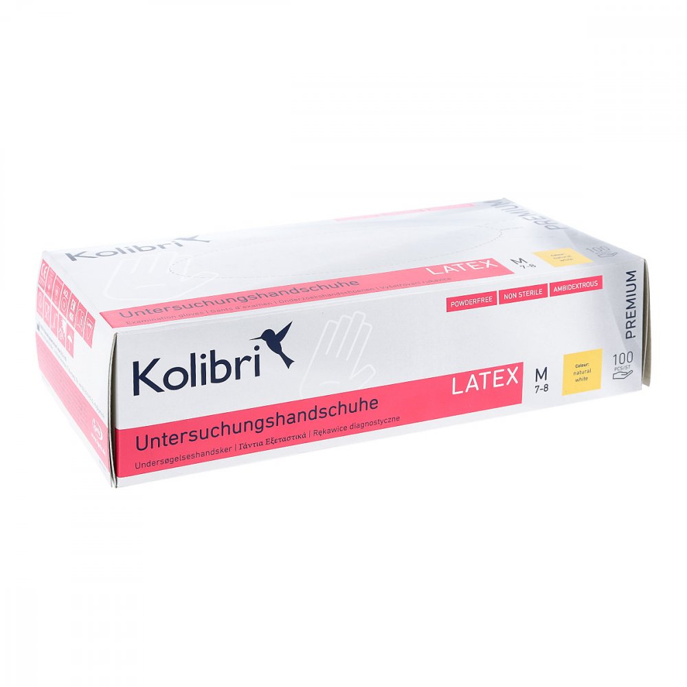 Das Produktfoto zeigt Kolibri Premium U.Hands.Latex Unst.Pf M Weiß (100 stk) PZN 15198924