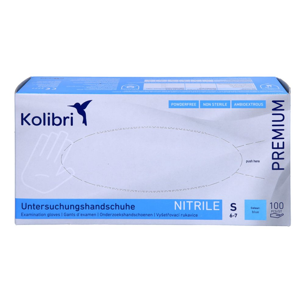 Das Produktfoto zeigt Kolibri Premium U.Hands.Nitril Unst.Pf S Blau (100 stk) PZN 15198982