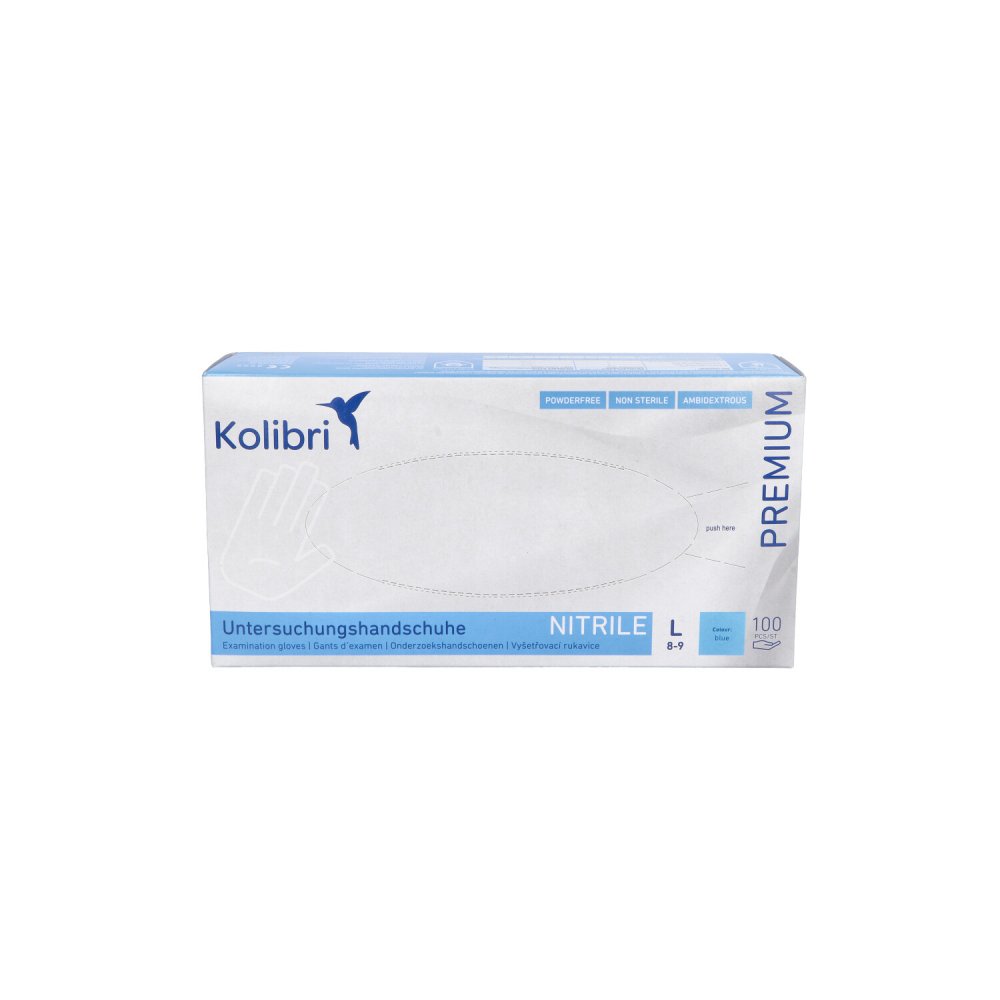 Das Produktfoto zeigt Kolibri Premium U.Hands.Nitril Unst.Pf L Blau (100 stk) PZN 15199007