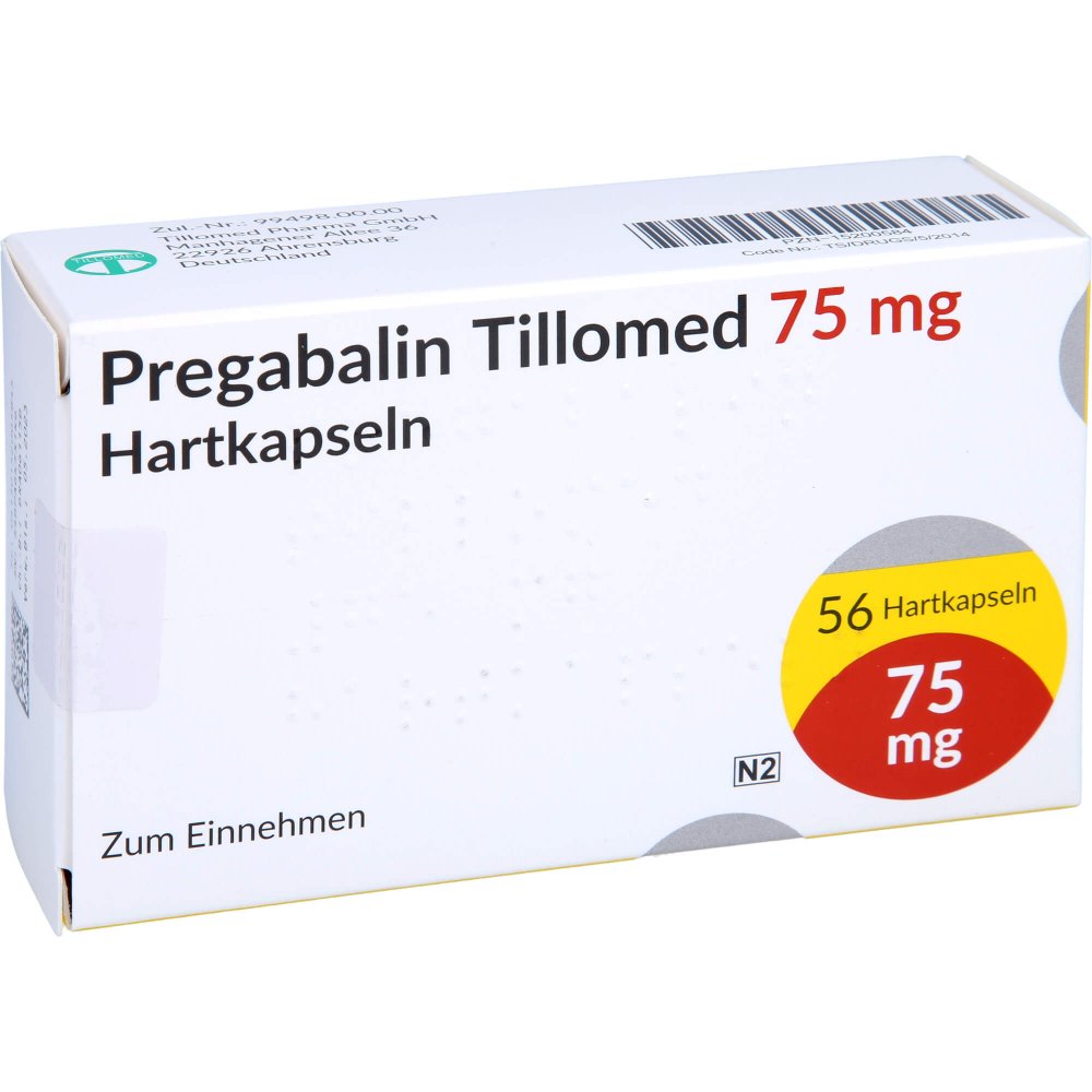 Das Produktfoto zeigt Pregabalin Tillomed 75 Mg Hartkapseln (56 stk) PZN 15200584