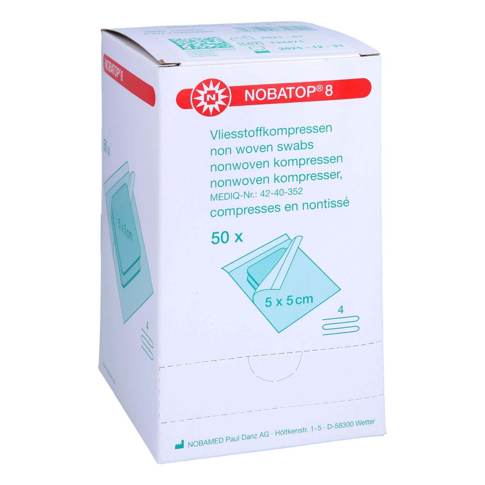 Das Produktfoto zeigt Nobatop 8 Kompressen 5x5 Cm Steril (50X2 stk) PZN 15205883