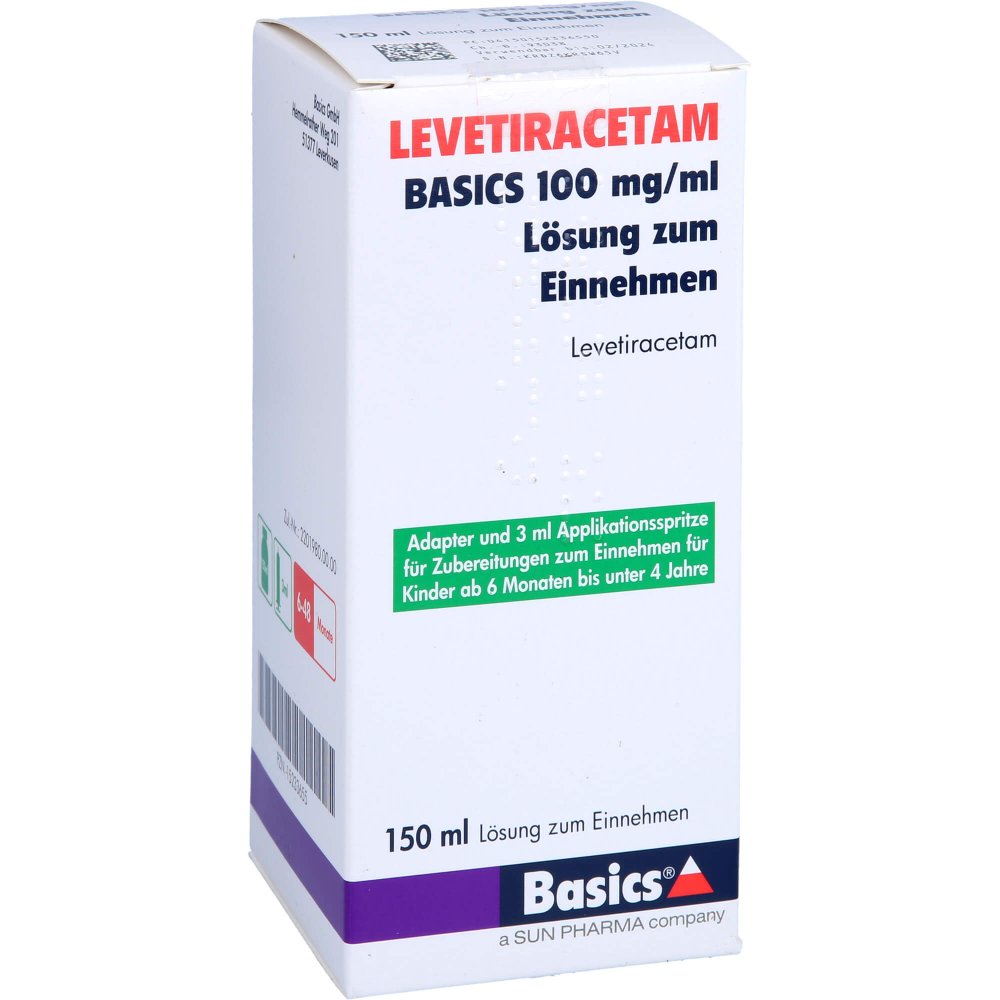 Das Produktfoto zeigt Levetiracetam Basics 100 Mg/Ml L.Z.E.3ml Dos.Spr. (150 ml) PZN 15233655
