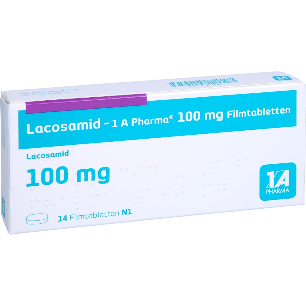 Das Produktfoto zeigt Lacosamid-1a Pharma 100 Mg Filmtabletten (14 stk) PZN 15235683