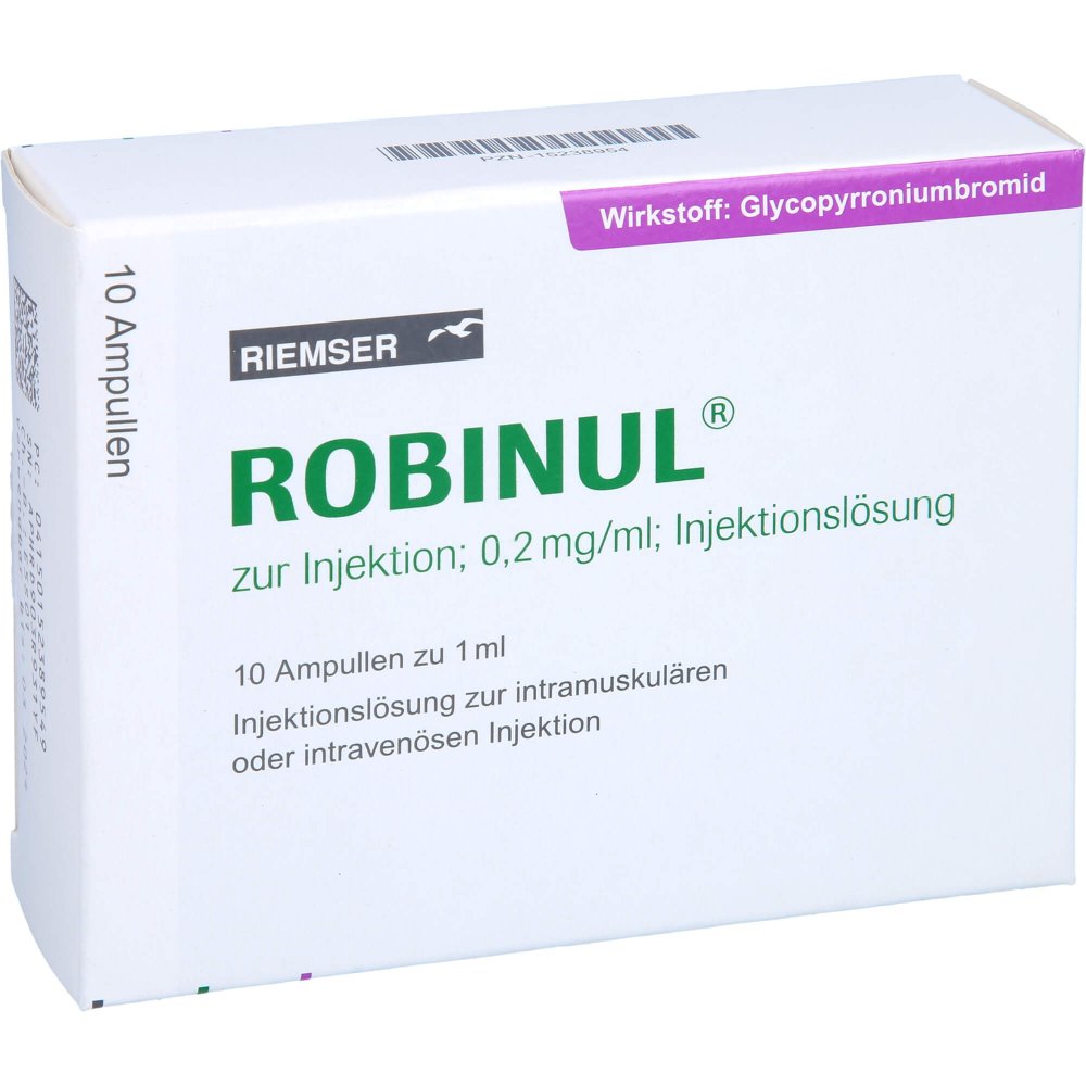 Das Produktfoto zeigt Robinul Zur Injektion 0,2 Mg/Ml Injektionslsg. (10X1 ml) PZN 15238954