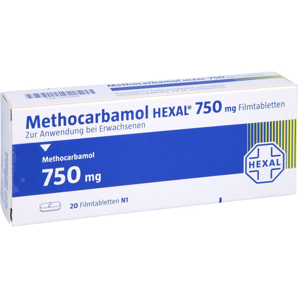 Das Produktfoto zeigt Methocarbamol Hexal 750 Mg Filmtabletten (20 stk) PZN 15241608