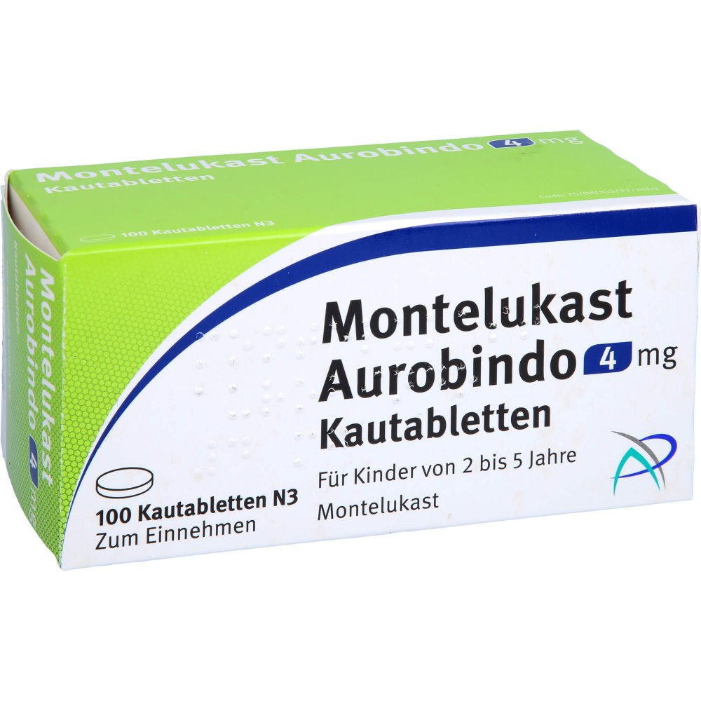 Das Produktfoto zeigt Montelukast Aurobindo 4 Mg Kautabletten (100 stk) PZN 15255527