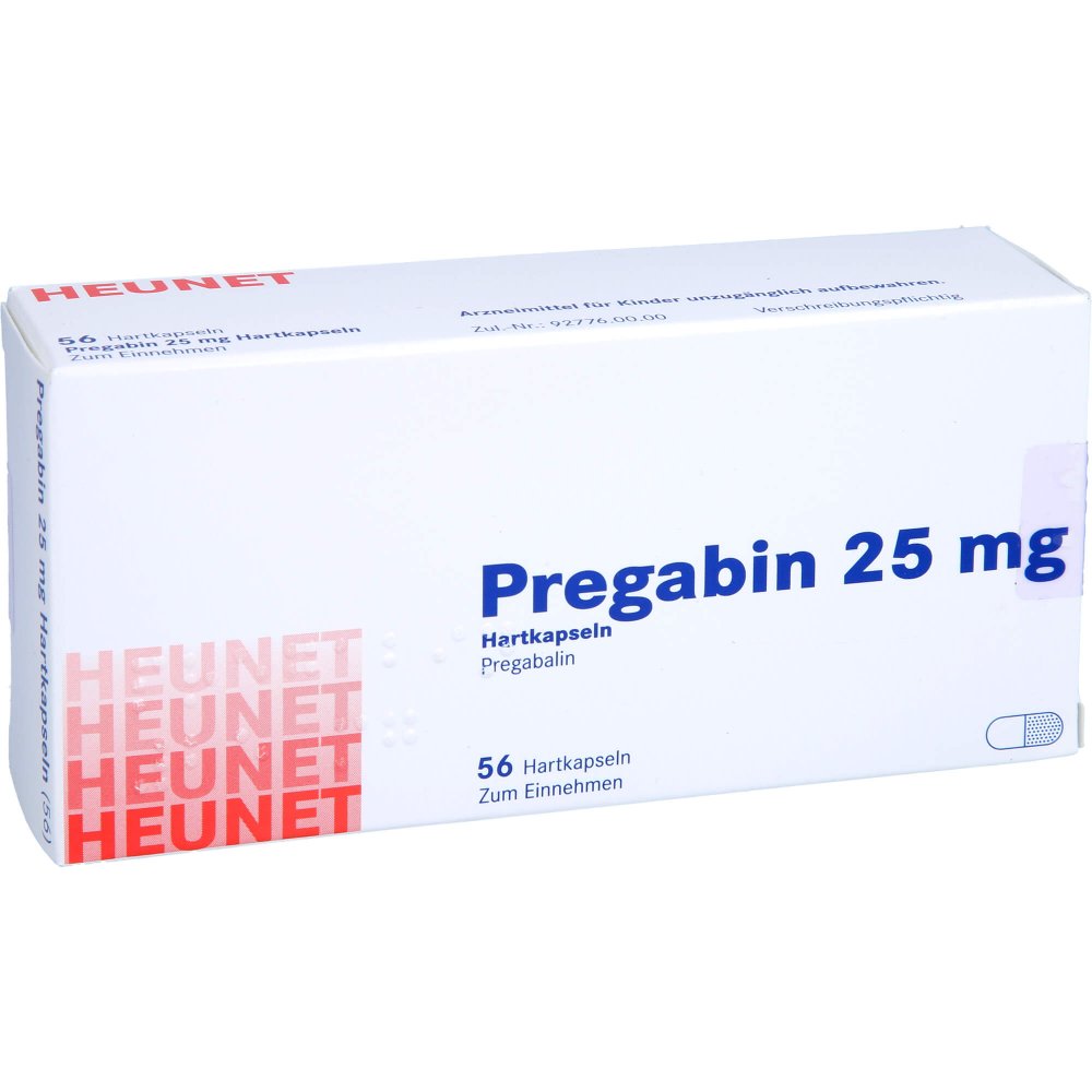 Das Produktfoto zeigt Pregabin 25 Mg Hartkapseln Heunet (56 stk) PZN 15303781