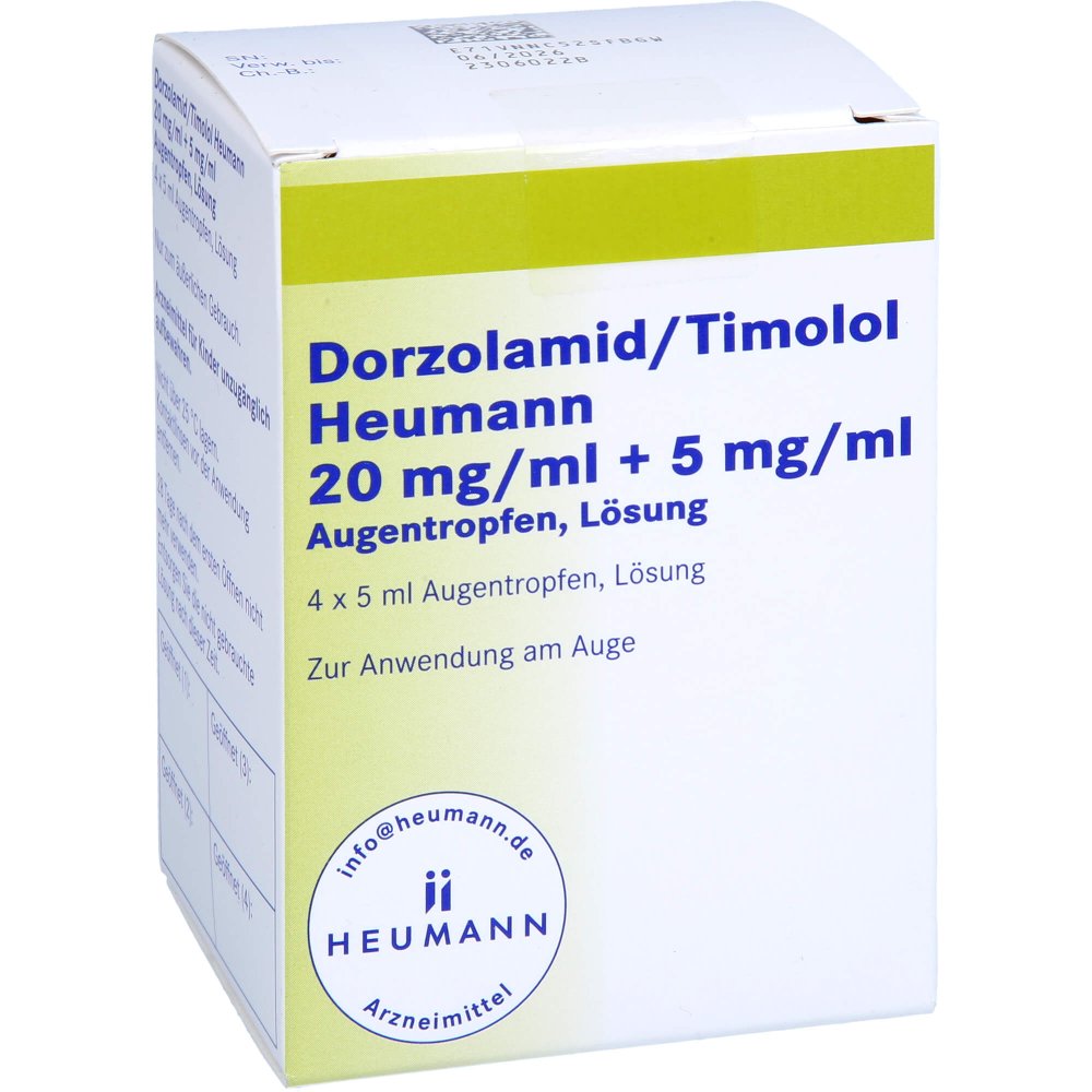 Das Produktfoto zeigt Dorzolamid/Timolol Heumann 20 Mg/Ml+5 Mg/Ml Atr (4X5 ml) PZN 15393459