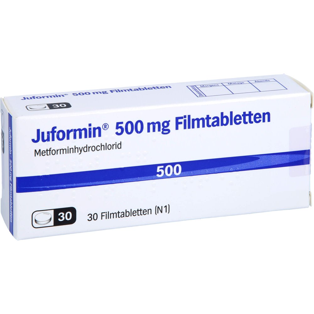Das Produktfoto zeigt Juformin 500 Mg Filmtabletten (30 stk) PZN 15398310