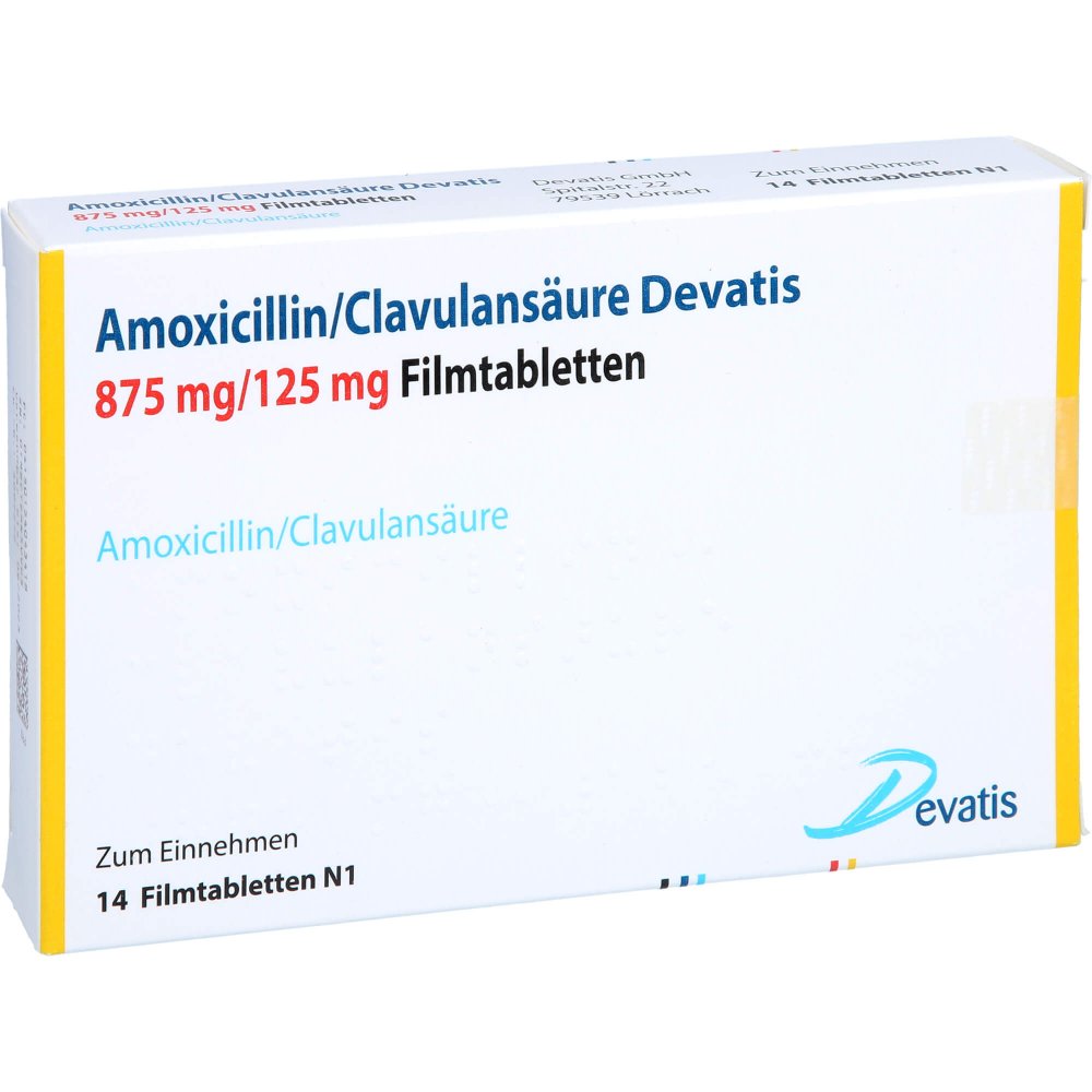 Das Produktfoto zeigt Amoxicillin/Clavulansäure Devatis 875mg/125mg Fta (14 stk) PZN 15404341