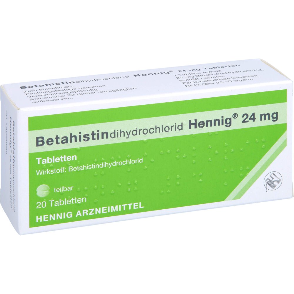 Das Produktfoto zeigt Betahistindihydrochlorid Hennig 24 Mg Tabletten (20 stk) PZN 15415818